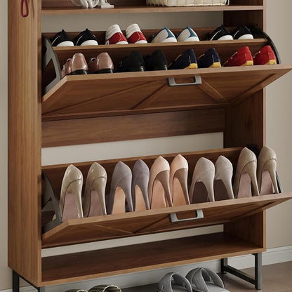 BORNOON Shoe Cabinet with 2 Flip Drawers Narrow Shoe Storage Cabinet Organizer Wooden Freestanding Rack Hidden Slim Storage for Entryway, Hallway, Living Room, Bedroom