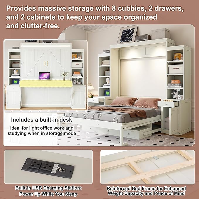 Merax Queen Size Murphy Bed with Desk and Lights, Power Outlet, Foldable Murphy Cabinet Bed with Open Storage Shelves & Drawers, Wood Space-Saving Hidden Wall Bed for Guest Room Office, Antique White