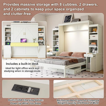 Merax Queen Size Murphy Bed with Desk and Lights, Power Outlet, Foldable Murphy Cabinet Bed with Open Storage Shelves & Drawers, Wood Space-Saving Hidden Wall Bed for Guest Room Office, Antique White