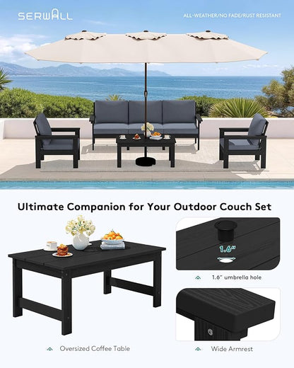 SERWALL HDPE Patio Conversation Set, 6-piece Sectional Outdoor Furniture Set, All Weather Outdoor Couch Set Patio Furniture Set for Deck, Lawn, Black Frame with Grey Cushion