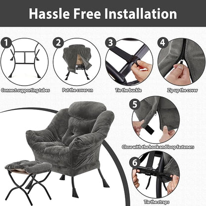 Youtanic Lazy Chair with Folding Ottoman, Accent Chair Plush Upholstered with Metal Structure and Non-Slip Pads, Sofa Armchair with Footrest and Side Storage Bag for Dorm, Room, Office, Dark Gray