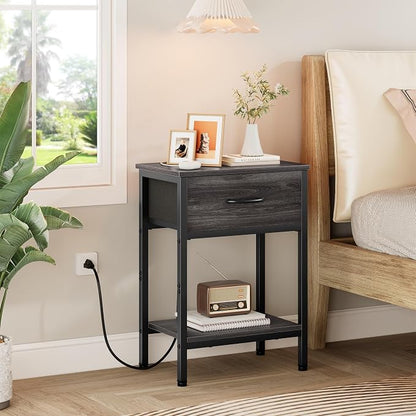 Vagusicc Nightstand with Charging Station, End Table with Fabric Drawer, Small Side Table with 2-Tier Storage Shelves, 25.4" Tall Night Stand, Bedside Table for Bedroom, Living Room, Dorm, Black Oak
