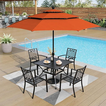 PHI VILLA 5 Pieces Outdoor Dining Set for 4, 37” Black Square Wrought Iron Table with Umbrella Hole & Stackable Chairs, Outside Metal Furniture for Patio, Deck, Yard, Porch