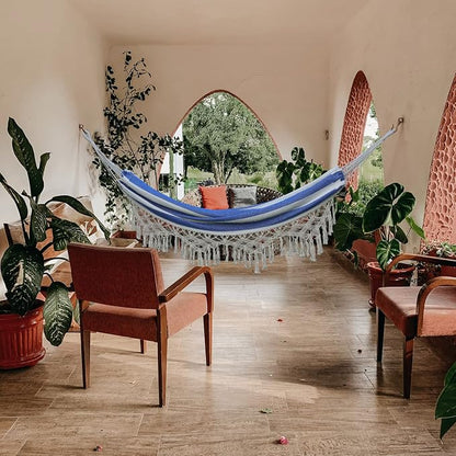Boho Macrame Hammock with Elegant Tassels for Patio, Yard, Beach Wedding Decor, Outdoor and Indoor Up to 450lbs Include Tie Ropes and Drawstring Bag