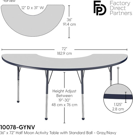 FDP Half Moon Activity School and Office Table (36 x 72 inch), Standard Legs with Ball Glides for Collaborative Seating Environments, Adjustable Height 19-30 inches - Gray Top and Navy Edge