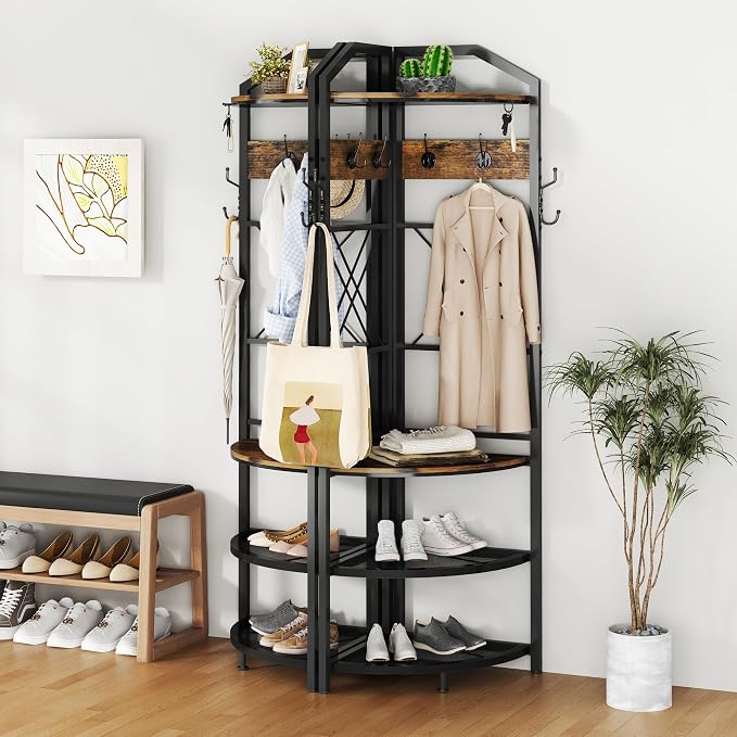 Corner Coat Rack with Storage, Entryway Hall Tree with Bench and 10 Metal Hooks, Freestanding Clothes Rack Shoes Shelf Organizer for Home Office Bedroom, Rustic Brown