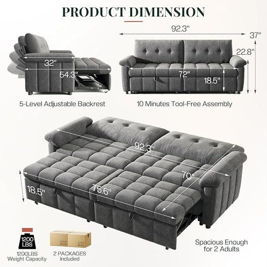 Jocisland 93” 4-in-1 Convertible Sofa Bed, Full Size Cloud Sleeper Sofa, Tufted Chenille, 5-Position Adjustable Backrest, 10-Minute Tool-Free Assembly, Couches for Living Room Guest Room, Gray