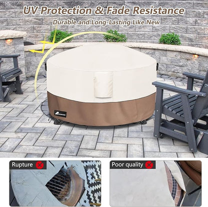 Fire Pit Cover Round 60 Inch Waterproof,Outdoor Heavy Duty Durable 600D Tear-Resistant Fire Pit Table Cover,Patio Round Firepit Cover 60" D x 24" H, Beige