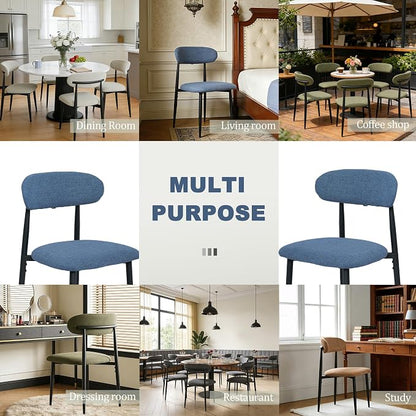FREKEN Modern Upholstered Dining Chairs Set of 2, Mid-Century Metal Frame Linen Fabric Side Chair for Kitchen Dining Room, 350lbs Capacity, Blue