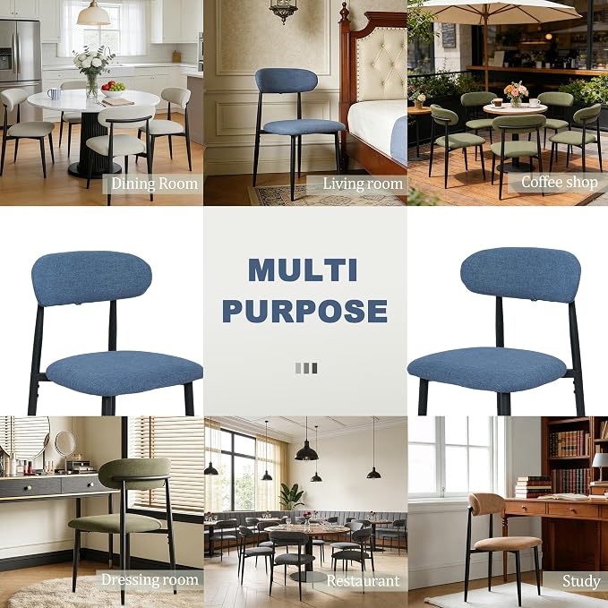 FREKEN Modern Upholstered Dining Chairs Set of 4, Mid-Century Metal Frame Linen Fabric Side Chair for Kitchen Dining Room, 350lbs Capacity, Blue
