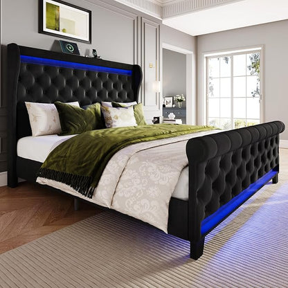 Belffin King Size Bed Frame with Headboard,50" Tall Headboard Upholstered Velvet Platform Bed with LED Lights & 2 USB Port/1 Type C Port, Button Tufted, No Box Spring Needed,Noise Free,Black
