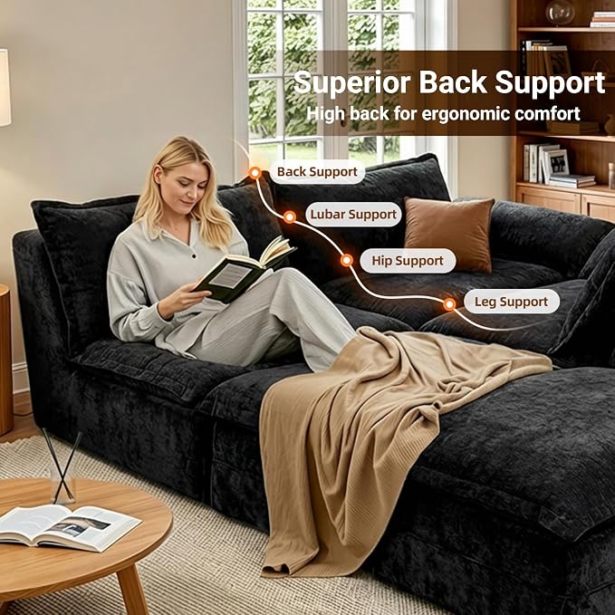 Claiks 123" Modular Boneless Couch, U Shaped Couch for Living Room, Modern Deep Seat Sofa 3 Seater Chenille Fabric Comfy Cloud Couches with Movable Ottoman, Black