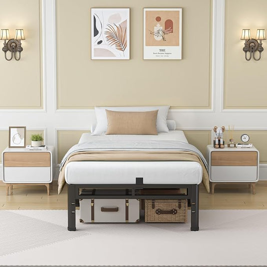 NKZ 12 Inch Twin Size Bed Frame, Metal Bed Frame & Box Spring 2 in 1 Platform with Round Corner Legs, 4000Lbs Heavy Duty Metal Frame, Mattress Slide Stopper, Headboard Hole, Noise-Free, Easy Assembly