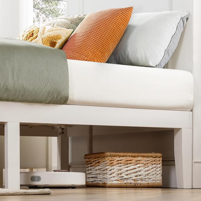 Mellow Naturalista Classic 16 Inch Solid Wood Platform Bed with Wooden Slats, White, Queen