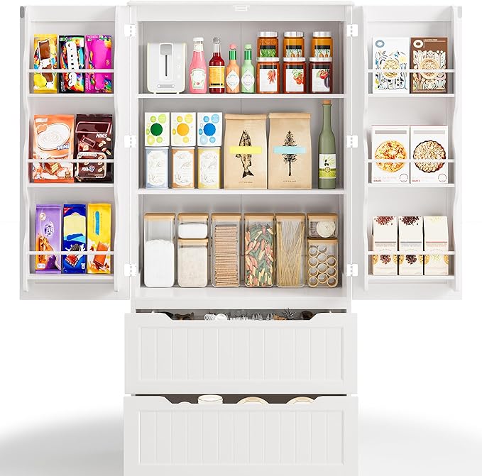Gizoon 63" Tall Kitchen Pantry Cabinet with Drawers for Dining Room, Food Pantry Storage Cabinet with 6 Doors Shelves for Snack and Spice, Large Craft Storage Cabinet for Craft Room, White, Painted