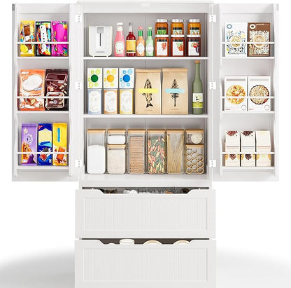 Gizoon 63" Tall Kitchen Pantry Cabinet with Drawers for Dining Room, Food Pantry Storage Cabinet with 6 Doors Shelves for Snack and Spice, Large Craft Storage Cabinet for Craft Room, White, Painted