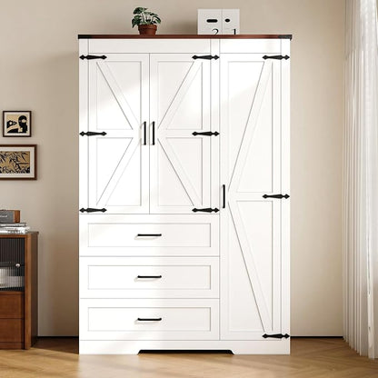 Farmhouse Wooden Armoire Storage Cabinet with Adjustable Shelves & Hanging Rod, 3 Doors Wardrobe Armoire Closet with Drawers, 70" Freestanding Clothing Storage Cabinet for Bedroom (3 door, White-1)