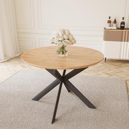 HIPIHOM 43.2"-59.1" Extendable Round Dining Table | Mid century modern oak finish, MDF board, space saving design, for 4-6 person, kitchen & coffee table