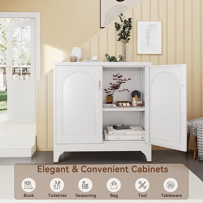 UNICOLY Buffet Cabinet with Storage, 33" H Side Board Storage Cabinet with Doors and Shelves, Metal Sideboard Cabinets for Dining Room, Living Room, White