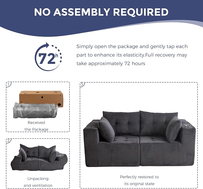 MAXYOYO Modular Sectional Sofa Couch, Loveseat Boneless Cloud Couch for Living Room, Sofa in A Box, Tufted Upholstered Cozy Chair with Cup Holders, No Assembly Required, Grey