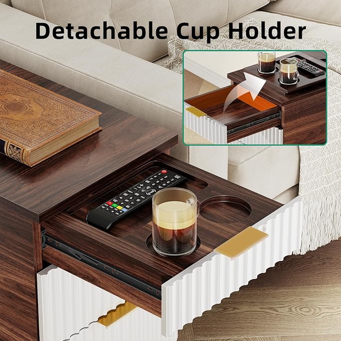 Kalrin Narrow Nightstand with Hidden Outlets & USB Ports, Modern Fluted Bedside Table with 3 Drawers, Engineering Wooden End Tables for Bedroom and Living Room(Brown & White)