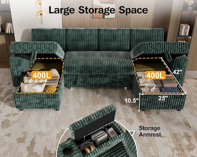 Vipbear 108" Modular Sectional Sleeper Sofa with Pull Out Bed, 4 Seat Plush Corduroy U Shaped Couch with USB Ports|Cup Holders|Side Table|Storage Chaise Armrests, Tool Free Assembly, Green