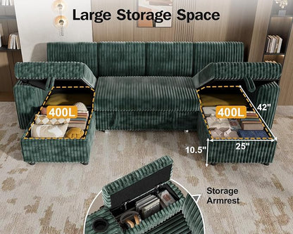 Vipbear 108" Modular Sectional Sleeper Sofa with Pull Out Bed, 4 Seat Plush Corduroy U Shaped Couch with USB Ports|Cup Holders|Side Table|Storage Chaise Armrests, Tool Free Assembly, Green