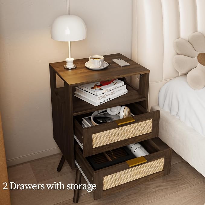 JOONEE Rattan Nightstand,Farmhouse Bedside Table with 2 Storage Drawer and Open Wood Shelf, for Bedroom and Small Spaces,Night Stand with Solid Wood Legs (Walnut Brown)