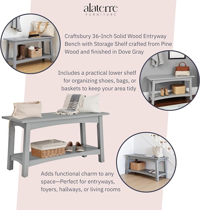Craftsbury 36-Inch Wood Entryway Bench with Storage Shelf – Dove Gray Accent Bench for Entryway, Hallway, or Living Room – Small Space Seating with Farmhouse Charm by Alaterre Furniture
