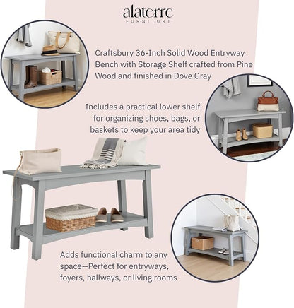 Craftsbury 36-Inch Wood Entryway Bench with Storage Shelf – Dove Gray Accent Bench for Entryway, Hallway, or Living Room – Small Space Seating with Farmhouse Charm by Alaterre Furniture