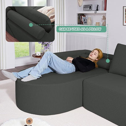104.92" L-Shaped Corduroy 3 Piece Sofa Set with Single Lounge Chair & Ottoman, Modular Compressed All Foam Couch, Freely Movable Footrest, Minimalist Large Living Room Furniture
