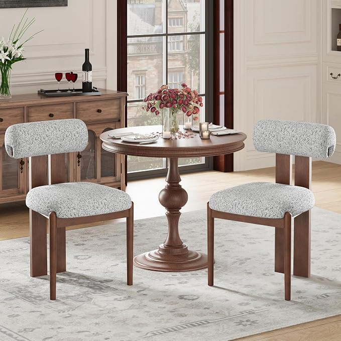 MALOL Modern Wooden Dining Chairs Set of 4, Upholstered Fabric Kitchen Chairs with Sculptural Backrest, Mid-Century Farmhouse Dining Room Chairs with Solid Wood Legs, Light Grey