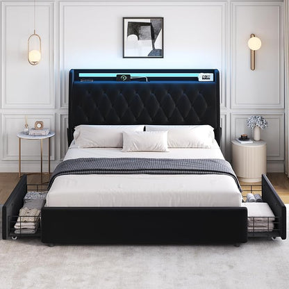 Full LED Velvet Bed Frame with 2 Storage Drawers&Hidden Headboard, Upholstered Platform Bed with Charging Station&Button Tufted Design, Wooden Slats Support, Box Spring Optional, Easy Assembly, Black