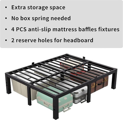 MAF 18 Inch King Size Bed Frame No Box Spring Needed Heavy Duty Platform King Bed Frame Steel Slat Support High Platform Bedframes with Storage Size Black Metal