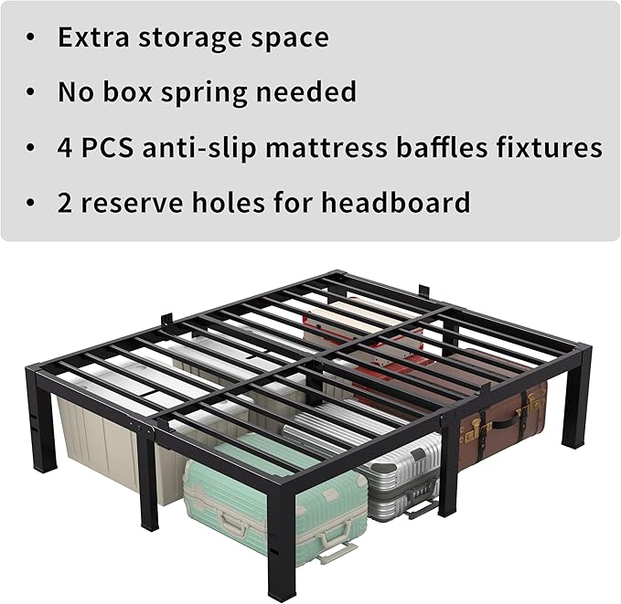 MAF Full Size Bed Frame 14 Inch Heavy Duty Metal Platform BedFrame with Black Steel Slat Support Noise Free Full-Bed-Frame, No Box Spring Needed