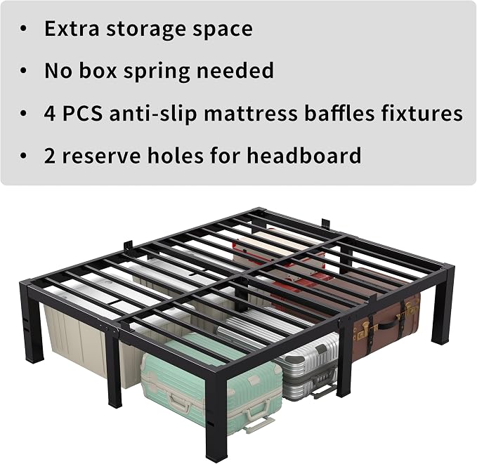 MAF Queen Bed Frame Size 14 Inch Metal Heavy Duty Platform Bedframe with Steel Slats Support Noise Free Queen-Bed-Frame, No Box Spring Needed