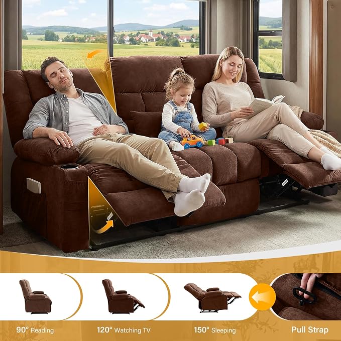 BOSMILLER Reclining Sofa with Cup Holders for Living Room 3 Seat Manual Sofa Recliner with Side Pocket
