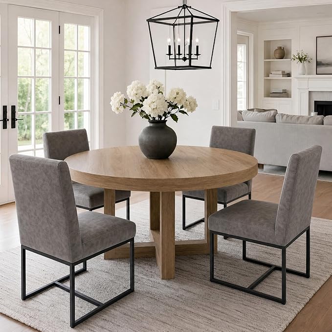 VESCASA Faux Leather Upholstered Dining Chairs with Black Metal Frame, Mid Century Modern Padded Kitchen Chair with Adjustable Foot Pads for Restaurant, Dining Room, Set of 4, Light Grey