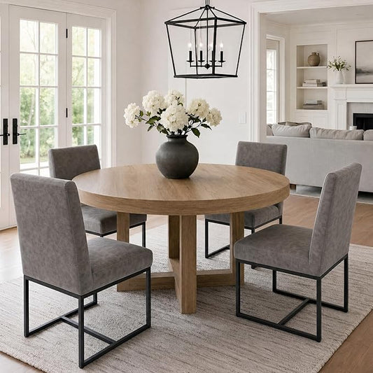 VESCASA Faux Leather Upholstered Dining Chairs with Black Metal Frame, Mid Century Modern Padded Kitchen Chair with Adjustable Foot Pads for Restaurant, Dining Room, Set of 4, Light Grey