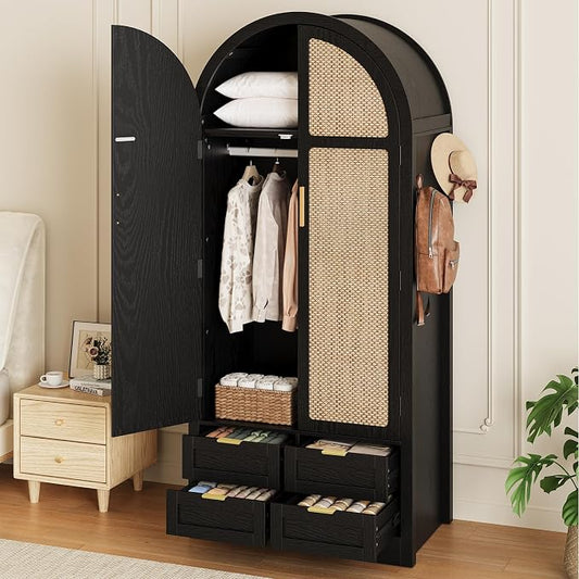 Armoire Wardrobe Closet with 4 Drawers - Wood Bedroom Armoires and Wardrobes with Rattan Doors for Hanging Clothes, Clothing Cabinet Arched Closets for Cloak Room, Large Capacity Storage Black