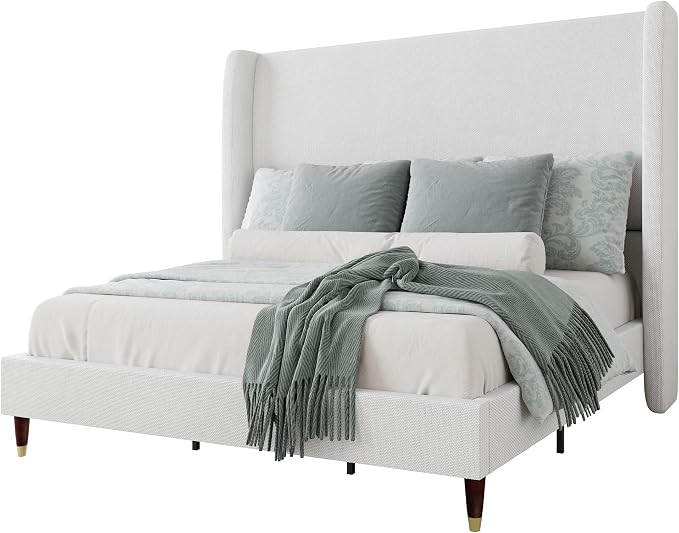 Jocisland Queen Size Bed Frame 51.2" Wingback Headboard Linen Upholstered Platform Bed,Solid Wood Legs & Wooden Slats,No Box Spring Needed,Noise-Free,for Family Guest Room Cozy Home,White