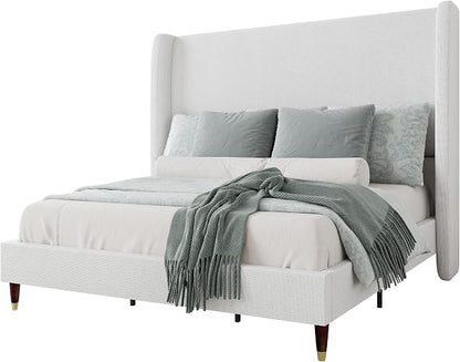 Jocisland Queen Size Bed Frame 51.2" Wingback Headboard Linen Upholstered Platform Bed,Solid Wood Legs & Wooden Slats,No Box Spring Needed,Noise-Free,for Family Guest Room Cozy Home,White