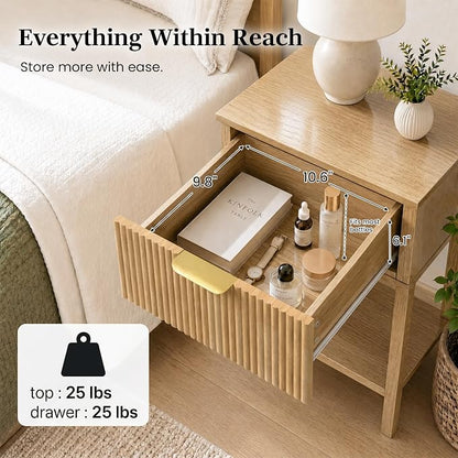 Natural Oak 15" Wide Small Nightstand with Drawer, Open Shelf, Fluted | Light oak tone, ribbed fluted front, 11.8-inch slim depth, concealed storage, airy fit for bedside, sofa side, or chair side