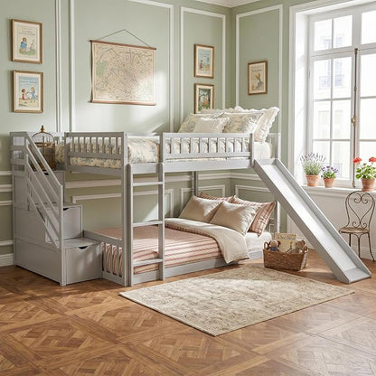 RUNNA Full Over Full Bunk Bed, Staircase with Drawers, Slide, Ladder | full over full bunk bed, staircase with drawers, convertible slide and ladder, solid pine wood, guardrails, no box spring