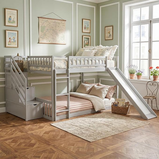 RUNNA Full Over Full Bunk Bed, Staircase with Drawers, Slide, Ladder | full over full bunk bed, staircase with drawers, convertible slide and ladder, solid pine wood, guardrails, no box spring