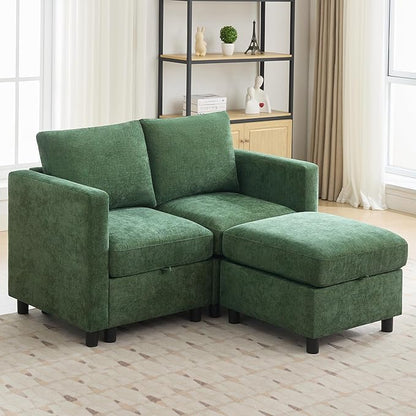 WUTUTUEE 58”Modular Sectional Loveseat Sofa with Storage, Comfy Office L Shaped Sofa Couch, Chenille Love Seat Modular Sectional Couch with Movable Ottoman for Living Room, Bedroom, Dark Green
