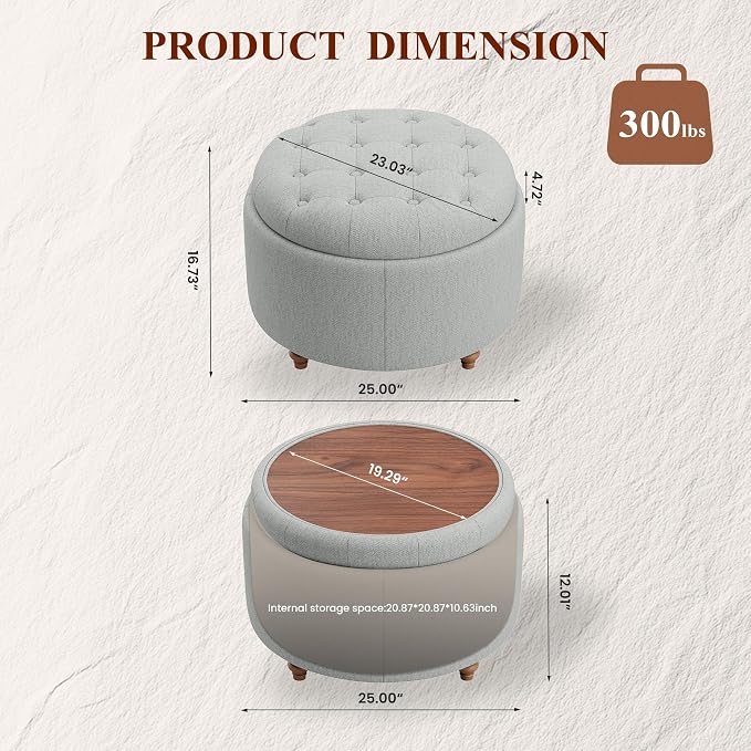 25Inch Round Ottoman with Storage, Tufted Fabric Modern Circle Ottoman with Reversible Tray Lid and Wood Legs, Multi-Functional Small Coffee Table for Living Room, Bedroom, Gray