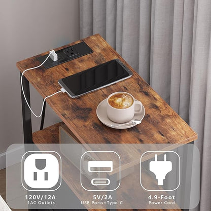 TUTOTAK Narrow Night Stand with Charging Station, Slim End Table with Plugins, Tall Side Table with 3 Fabric Drawer, Small Bedside Table with Storage, Set of 2, Living Room, Bedroom, Brown TB01BB073