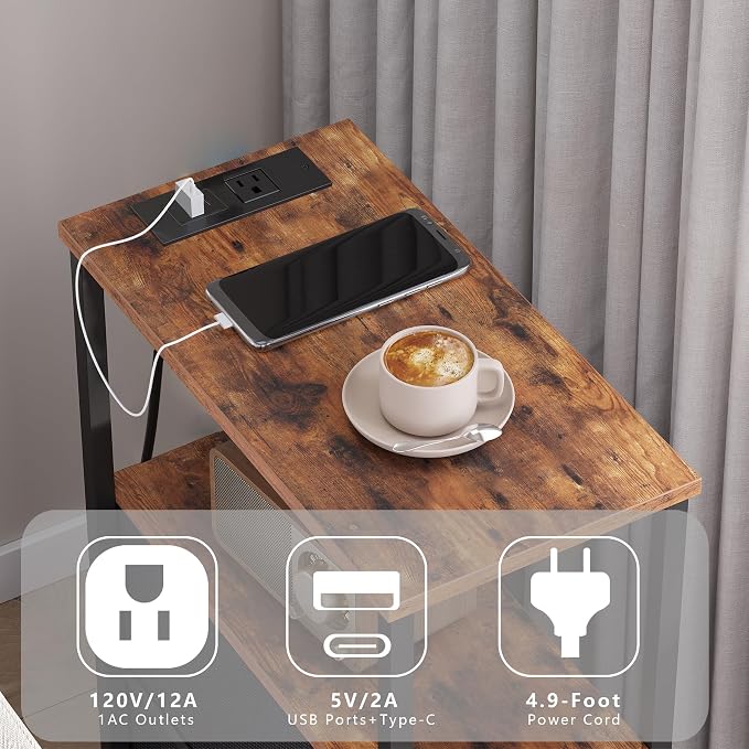 TUTOTAK Narrow Night Stand with Charging Station, Slim End Table with Plugins, Tall Side Table with 3 Fabric Drawer, Small Bedside Table with Storage, Living Room, Bedroom, Brown TB01BB086