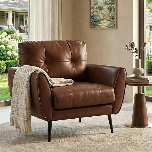 TYBOATLE Accent Chair, Comfy Modern Living Room Brown Leather Reading Accent Chairs Tufted Mid Century Arm Chair Small Salon Chair for Office Bedroom(1, Brown)